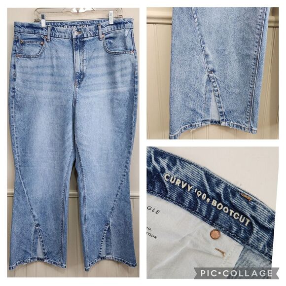 AMERICAN EAGLE Curvy '90s Bootcut Jeans Split Hem Seam Light Wash SZ 18S Short‎ - Picture 1 of 14
